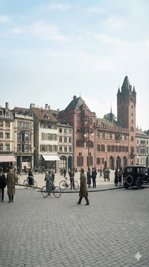 KI-Rekonstruktion des Basler Marktplatzes um 1930