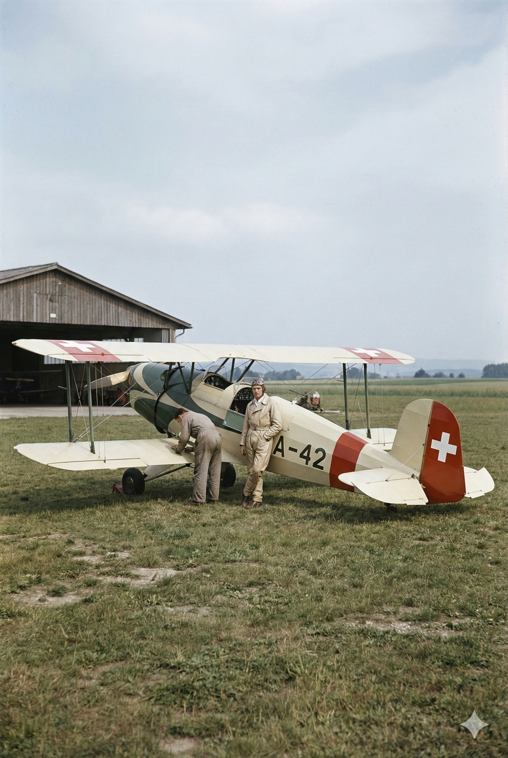 Bücker Bü 131 Jungmann 1934 – Schweizer Schulflugzeug mit Mechanikern – KI-Rekonstruktion
